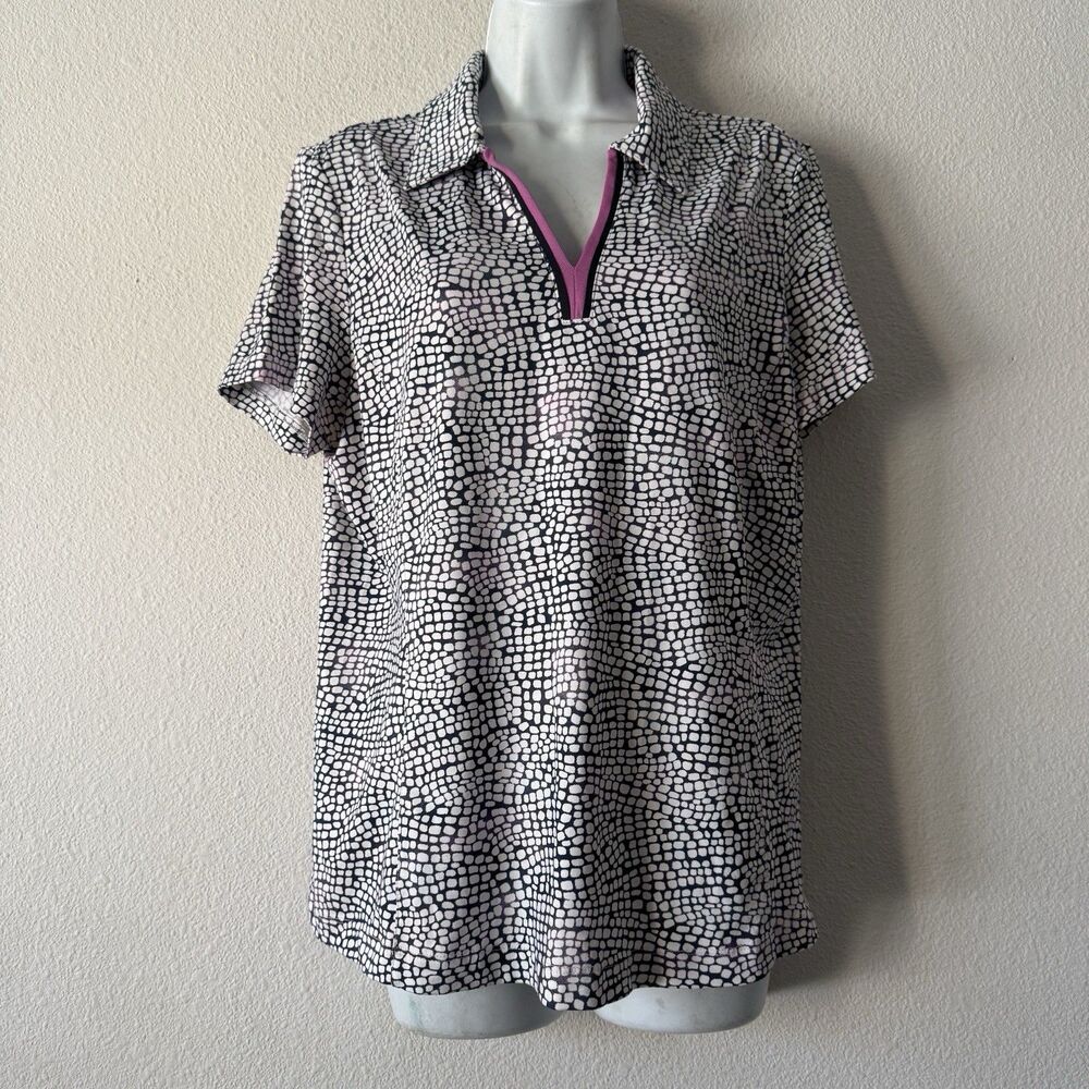 Tail Golf Polo Shirt Womens L Short Sleeve Pebble Mosaic Print Pink Accent